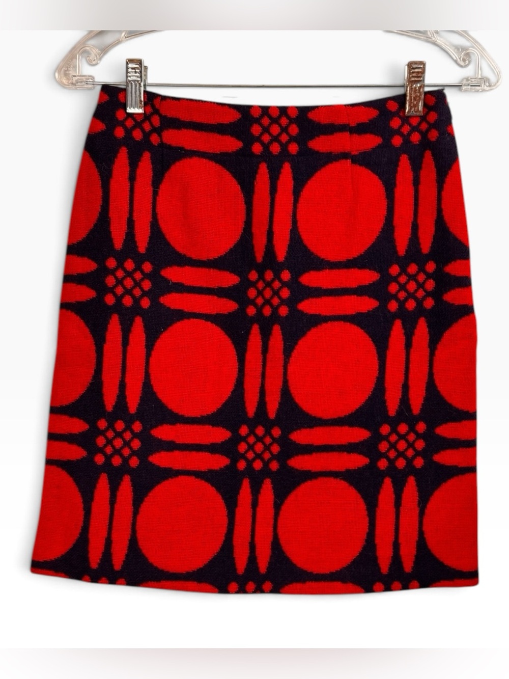 Boden Wool Blend Skirt Geometric Red Navy Blue Mod Retro Preppy Pencil Sz 2R US